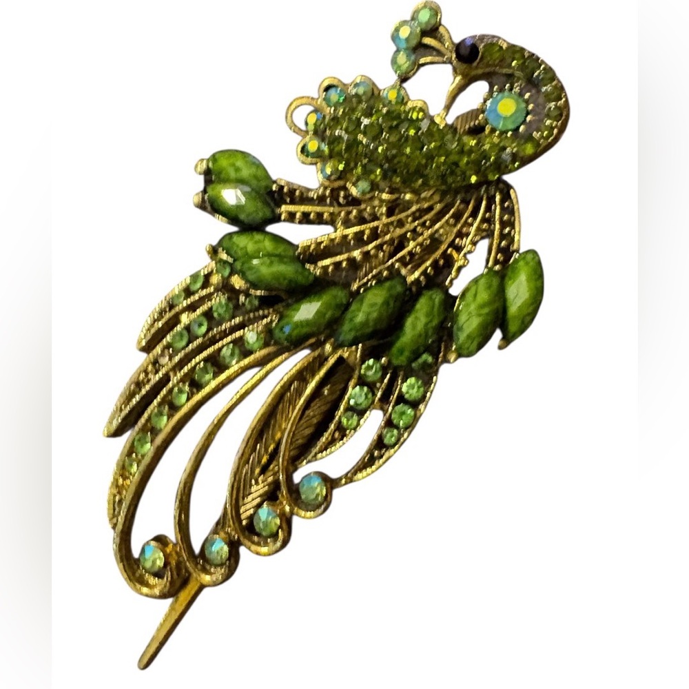 Vintage green rhinestone peacock hair clip